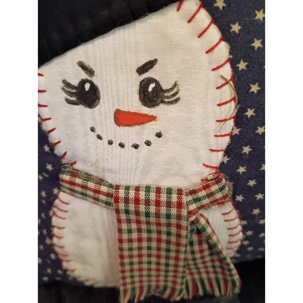 Handmade Primitive Christmas Snowman Applique Pillow Navy Star Folk Art Decor